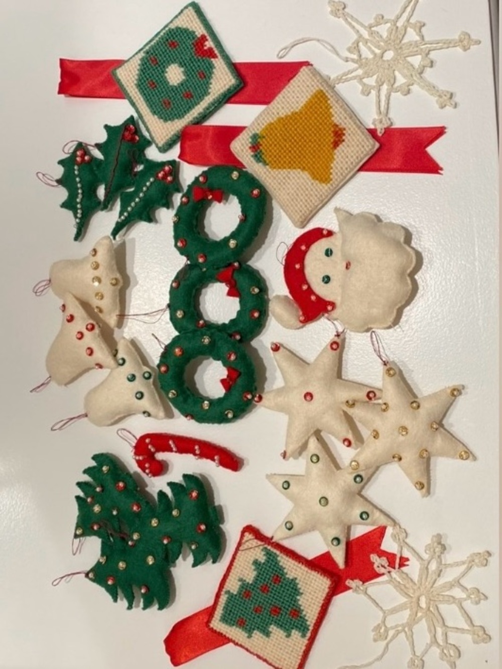 22 Handmade Felt & Needlepoint Christmas Ornaments • Crochet Snowflakes • 1971 - Picture 7 of 17